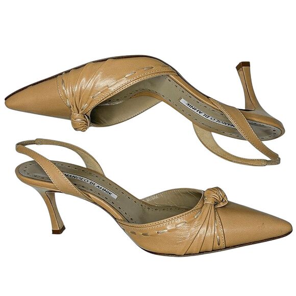Manolo Blahnik Lazine Slingback Pumps EU 36.5 Tan Leather Knotted Pointed Heels - Picture 5 of 11